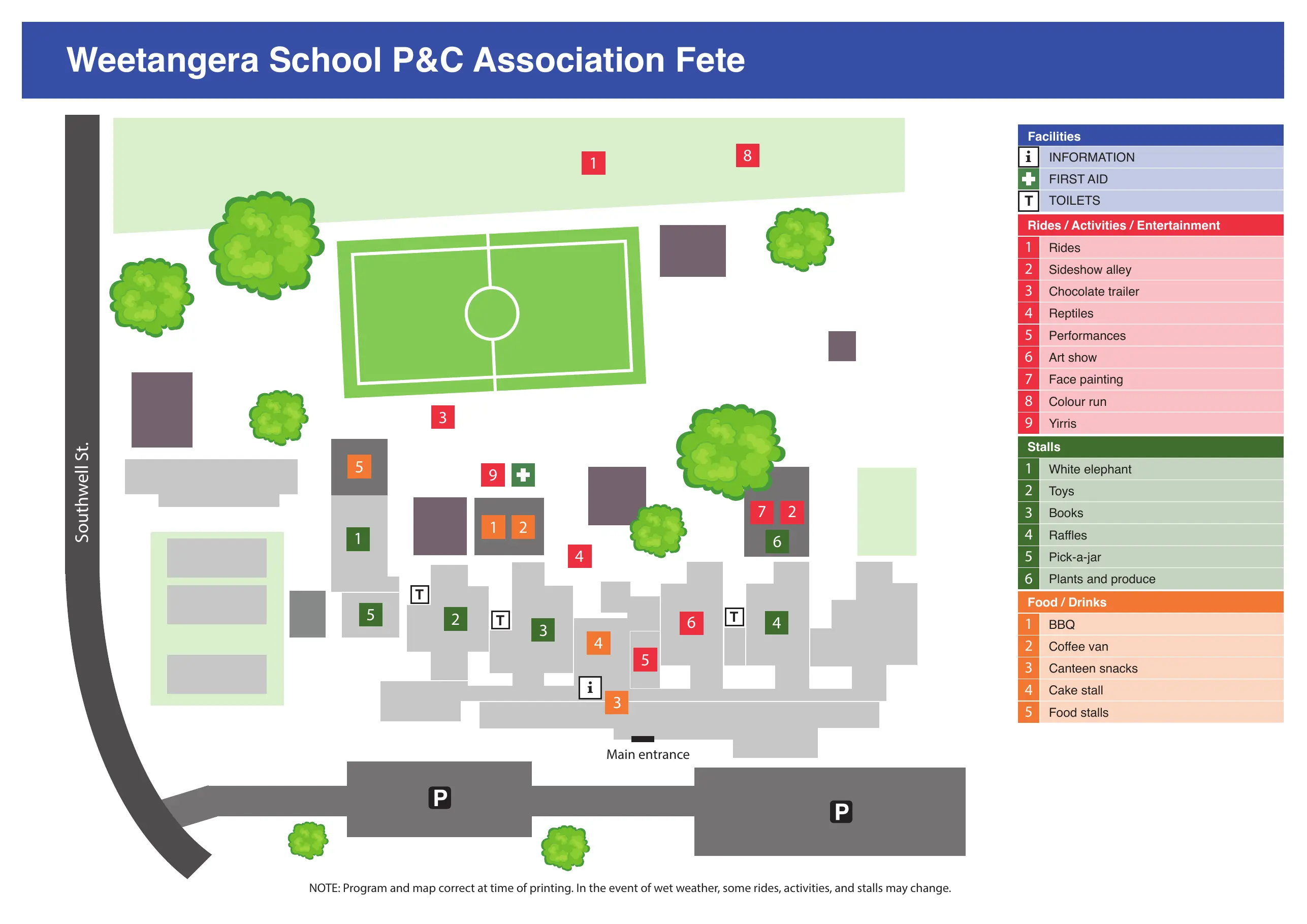 Fete map of Weetangera Primary School grounds, showing Southwell Street, the main entrance, numbered stalls, rides, and facilities