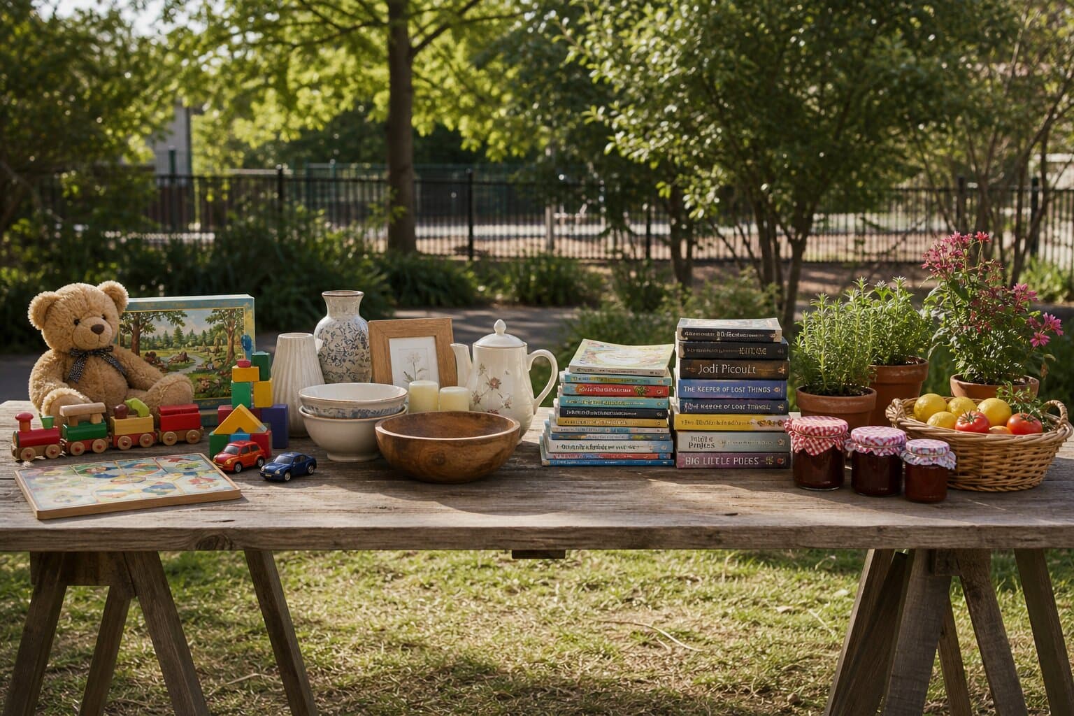 A trestle table of pre-loved toys, homewares, books, potted plants, homemade jam, and garden produce for the fete stalls